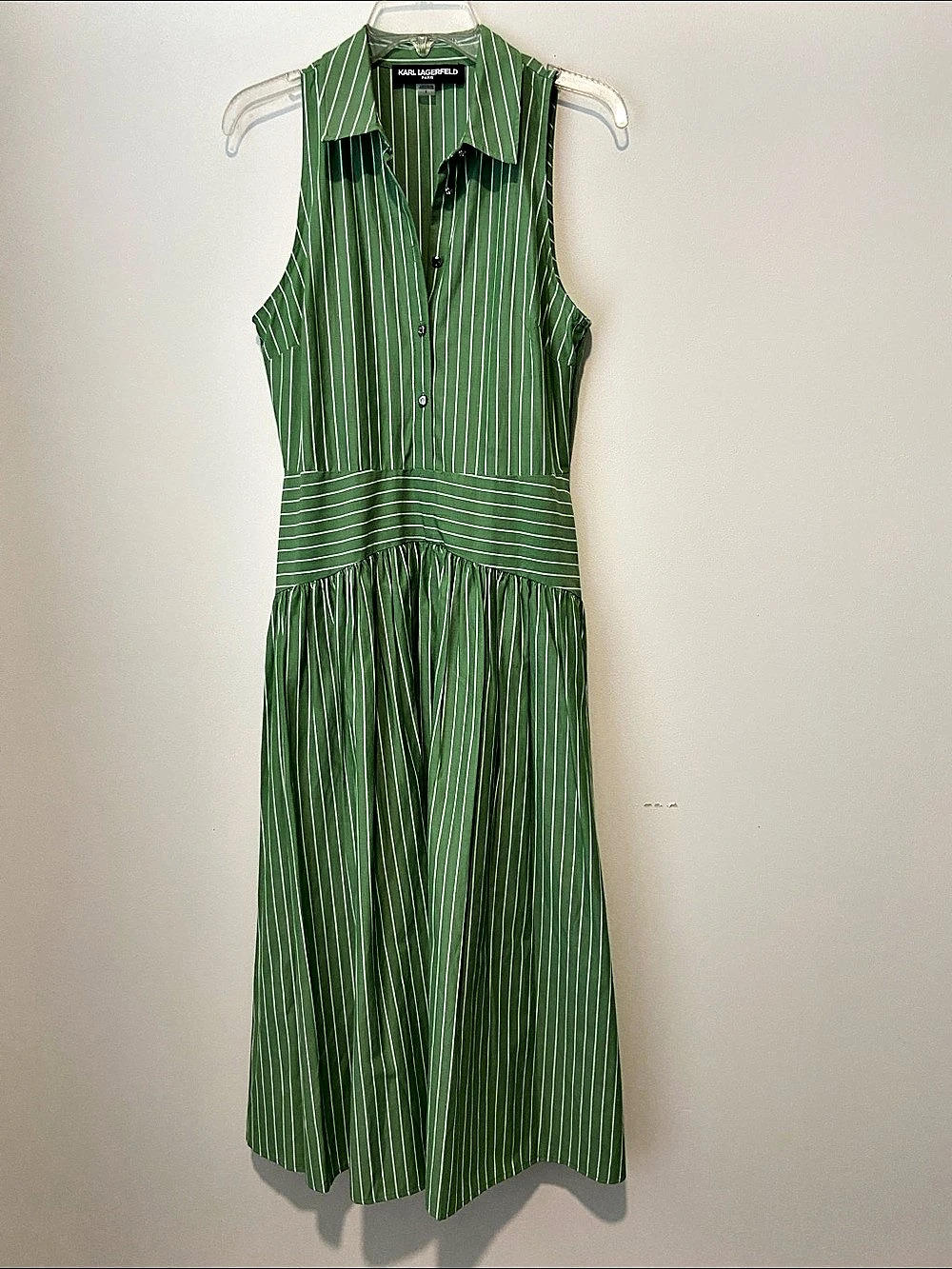 Karl Lagerfeld Paris Stripe Sleeveless Cotton Blend Midi Shirtdress Green &